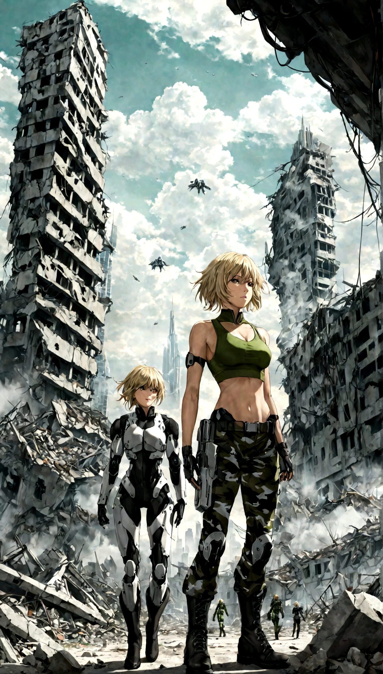 realistic, futuristic sci-fi, Deunan Knute from Appleseed, standing with a cyborg behind her, wearing a green tank top and black and white military pants (black and white camouflage), military high boots, a light wind blows her very short blonde hair, destroyed ruins of futuristic city in background