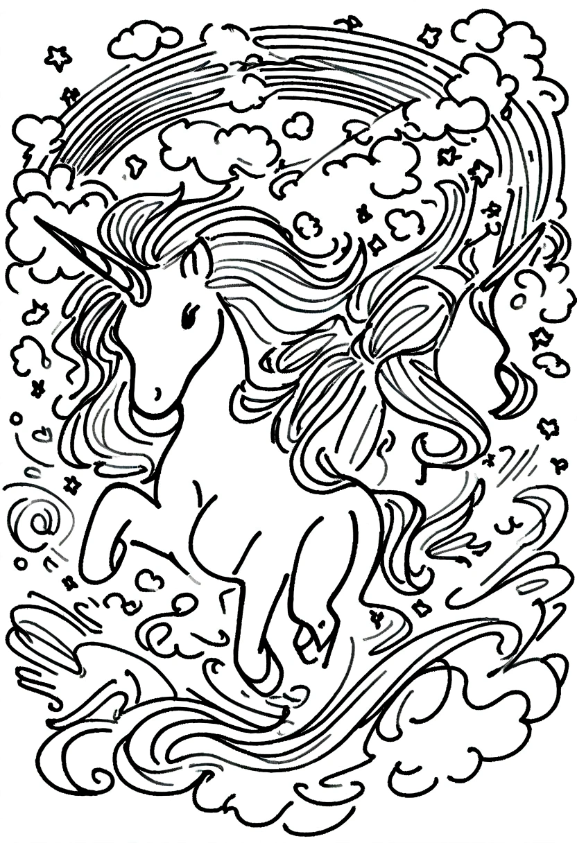 different unicorns surrounded by rainbows and clouds, coloring page for kids, line art, no color, white background
