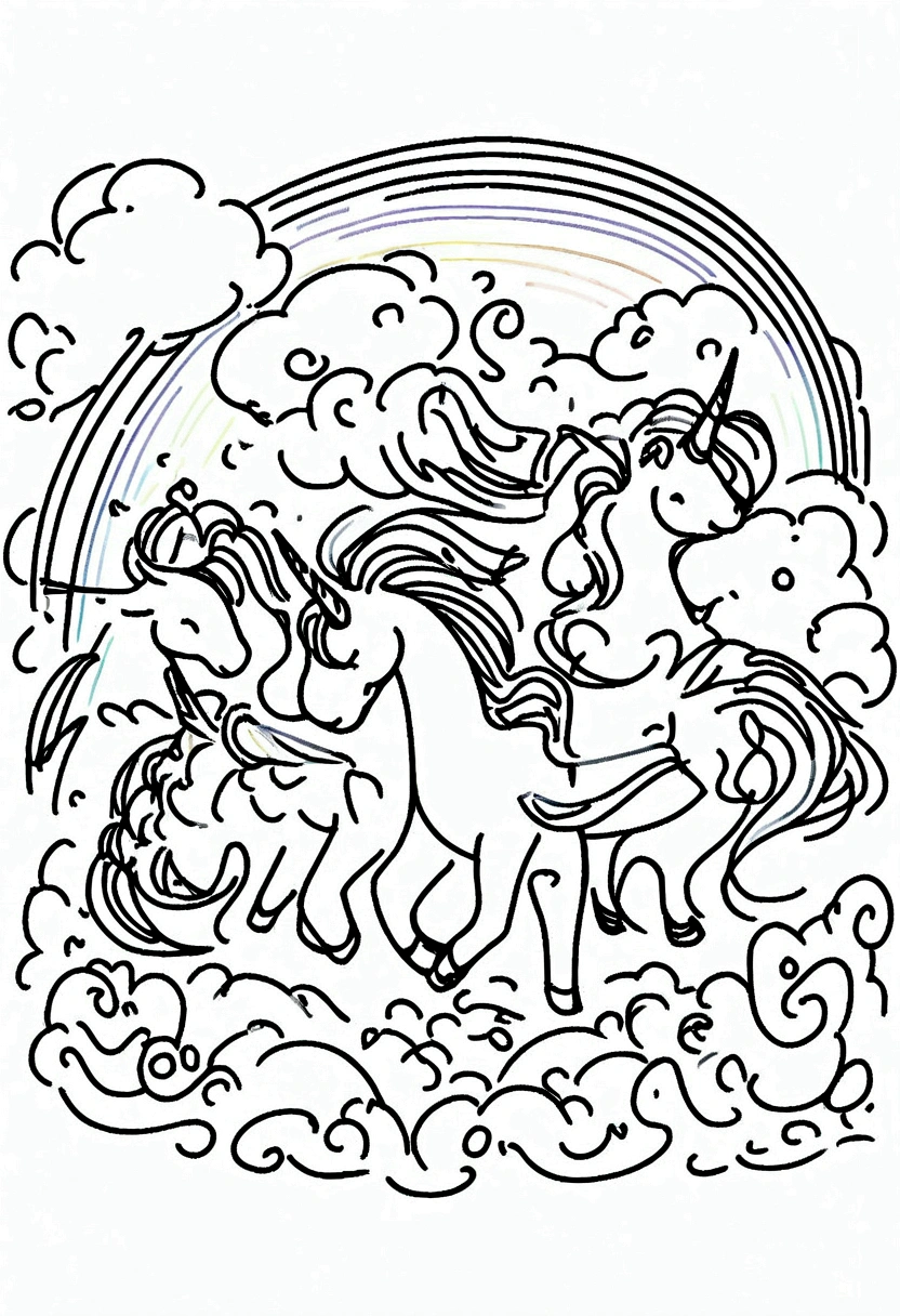different unicorns surrounded by rainbows and clouds, coloring page for s, line art, no color, white background