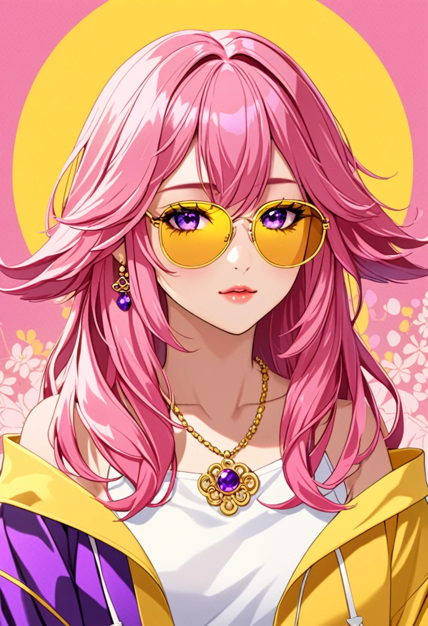 yae miko wearing yellow sunglasses, background, Pink Hair, Purple Eyes, Fashion tops