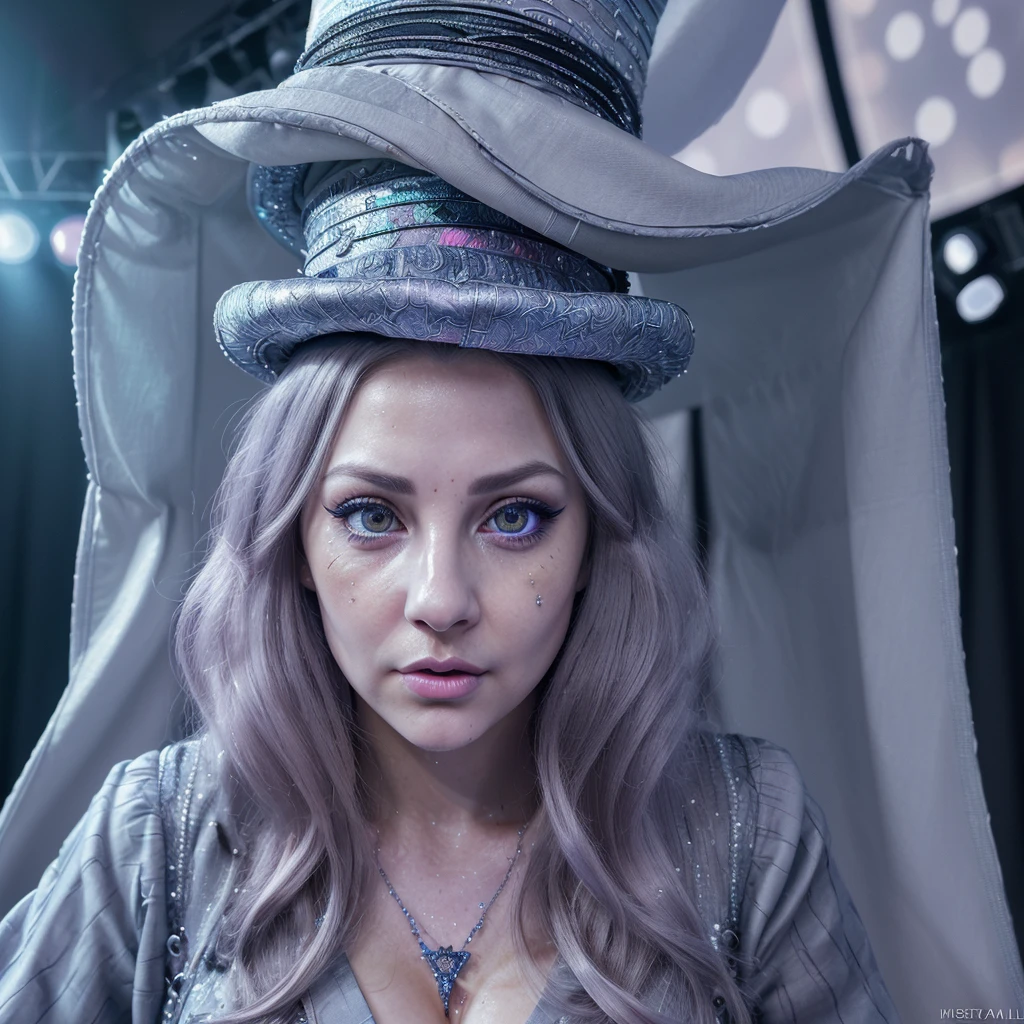 a female magician, detailed face, beautiful detailed eyes, beautiful detailed lips, extremely detailed face, long eyelashes, shocked expression, embarrassed expression, clothes being sucked into magic hat, huge audience, stage, magic act, high quality, 8k, realistic, photorealistic, ultra-detailed, masterpiece, professional, vivid colors, studio lighting, physically-based rendering