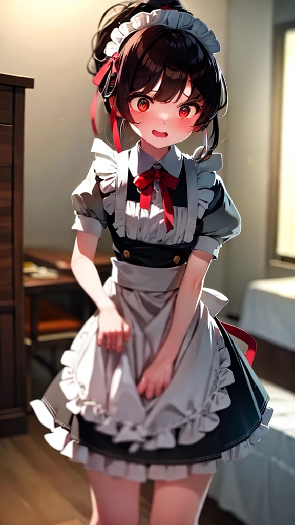 adulto, Cabello negro ondulado, mirada penetrante con ojos profundos de color rojo, estatura promedio, Silky hair with a ponytail hairstyle collected with a red bow with two white lines, tiene pechos medianos, primer plano, session, standing in the middle of his room [[[Risa malvada]]] , Sonrojada, muslos grandes, maid, sirvienta  