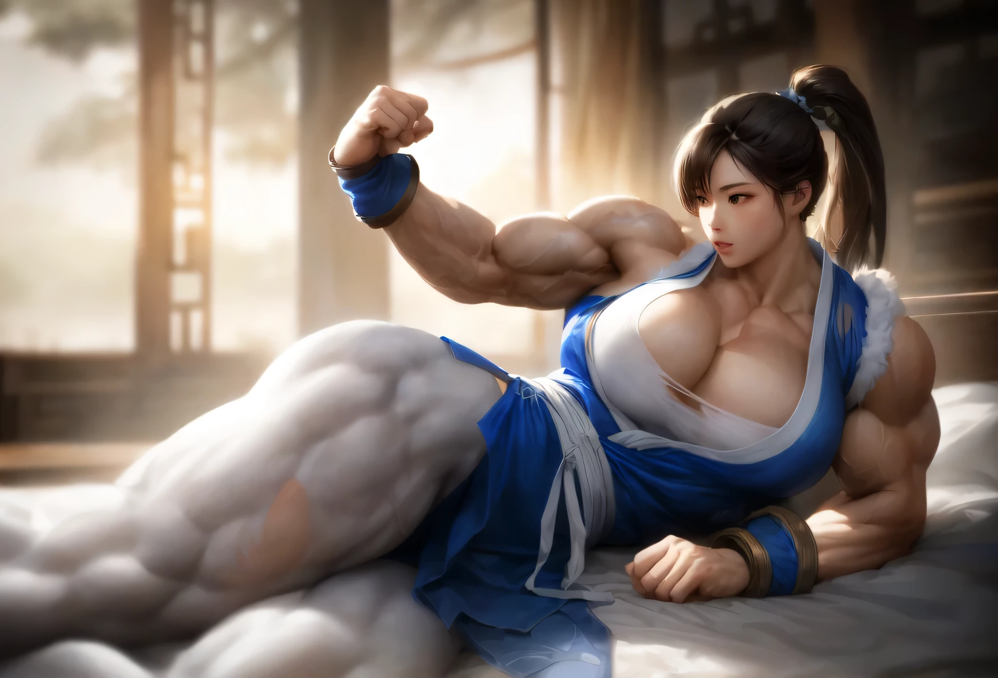 , ,girl, ,biceps,muscular female, alternate muscle size,, muscular ,muscular ,torn clothes,bed, Chinese hair style, blue hanfu,muscular thighs,white pantyhose,realistic light