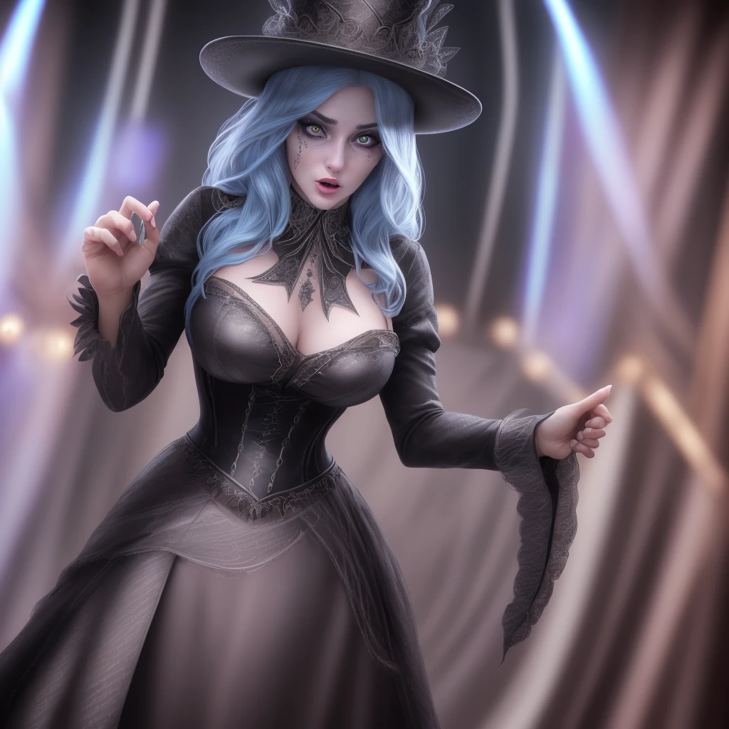 a female magician, detailed face, beautiful detailed eyes, beautiful detailed lips, extremely detailed face, long eyelashes, shocked expression, embarrassed expression, clothes being sucked into magic hat, huge audience, stage, magic act, high quality, 8k, realistic, photorealistic, ultra-detailed, masterpiece, professional, vivid colors, studio lighting, physically-based rendering