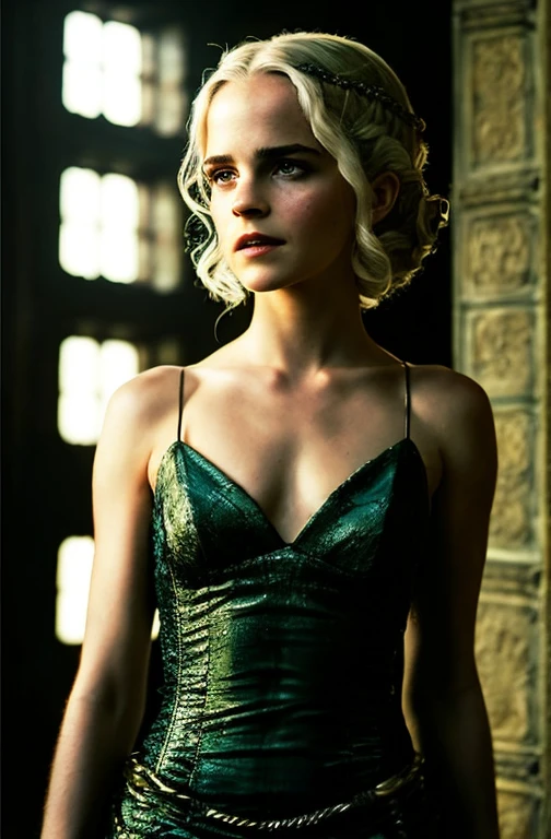Foto corpo inteiro retrato solo de [Emma Watson] as [daenerys targaryen] like a real life version (daenerys targaryen), Cabelo loiro Targaryen, com (vestido sexy), (decote sexy mostrando parte dos seios), sorriso charmoso, by Hubert Robert and Alex Timmermans ultra realistic photography highly detailed intricate photorealistic style sharp focus on eyes, cinematic lighting, natural front lighting 
