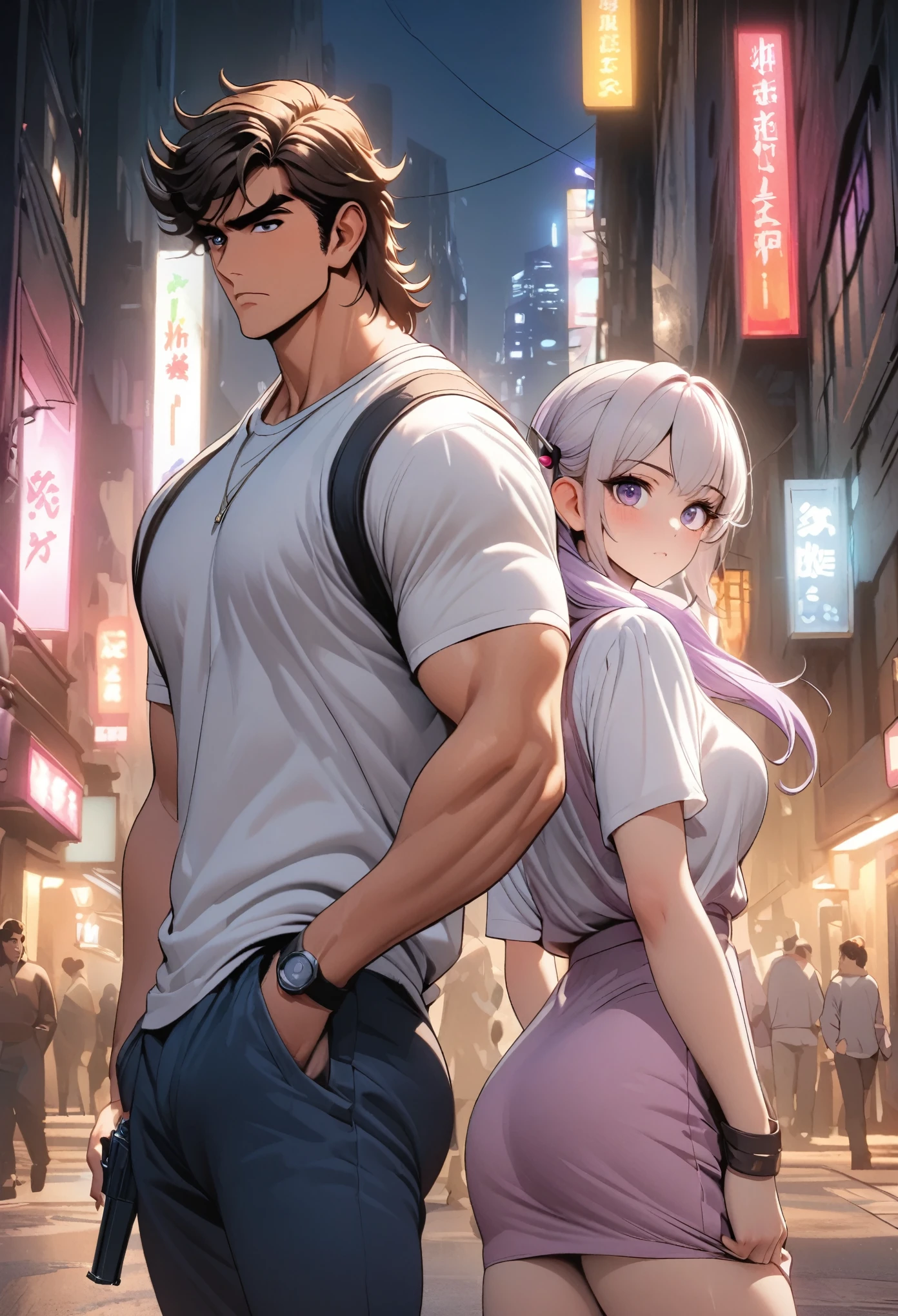 City Hunter Style,A handsome man with his hands in his pockets and a girl with purple and white gradient pigtails standing back to back,side,With a pistol in hand,Close shot,Night city street background,comics,colorful,High Saturation,日本comics家北条司风格,北条司comics艺术风格,Thick coating,illumination,Super Fine,Ultra Detailed,complex,Dynamic perspective,8k,Best quality,HD Wallpapers