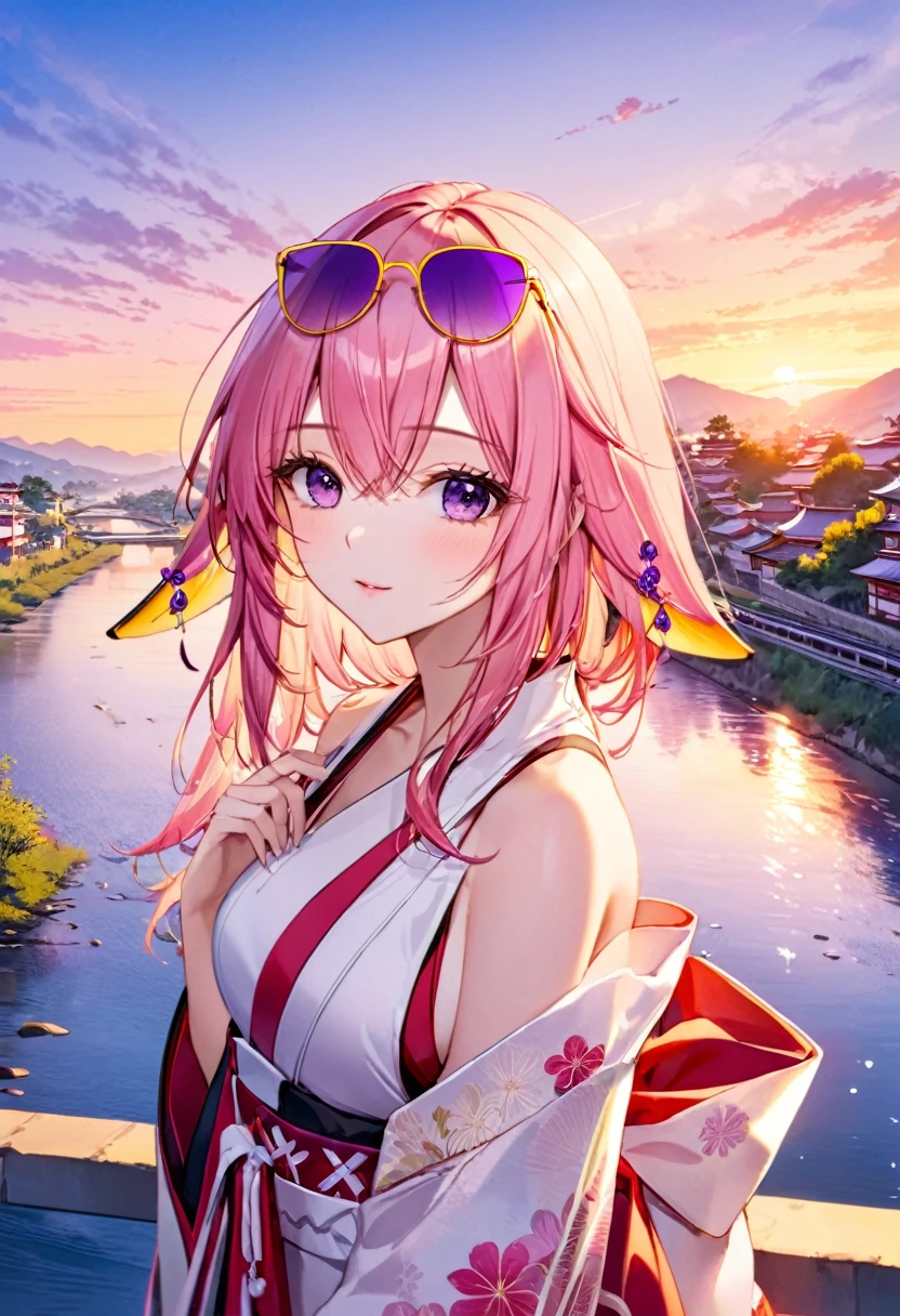 yae miko wearing yellow sunglasses, Pink Hair, Purple Eyes, Fashion tops, There is a river in the background, Blue sky, Light afternoon sunset