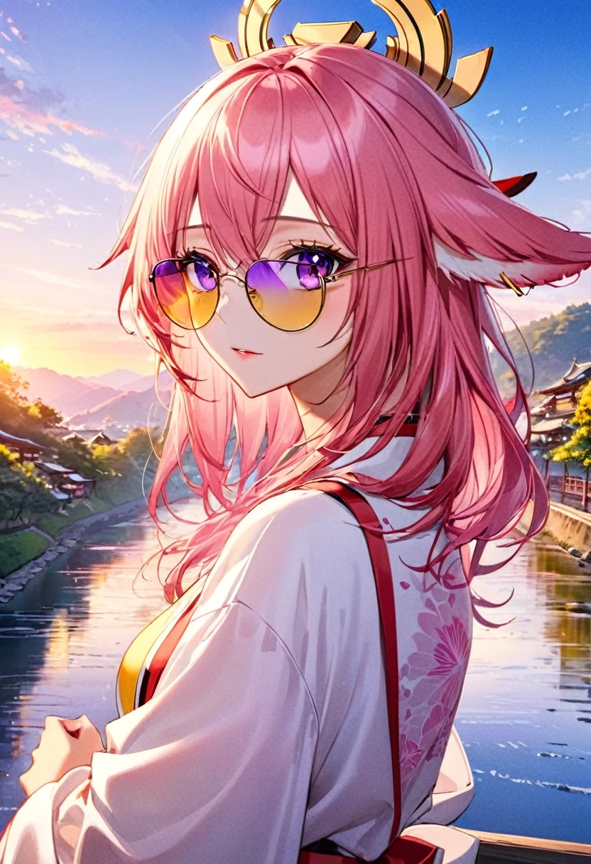 yae miko wearing yellow sunglasses, Pink Hair, Purple Eyes, Fashion tops, There is a river in the background, Blue sky, Light afternoon sunset