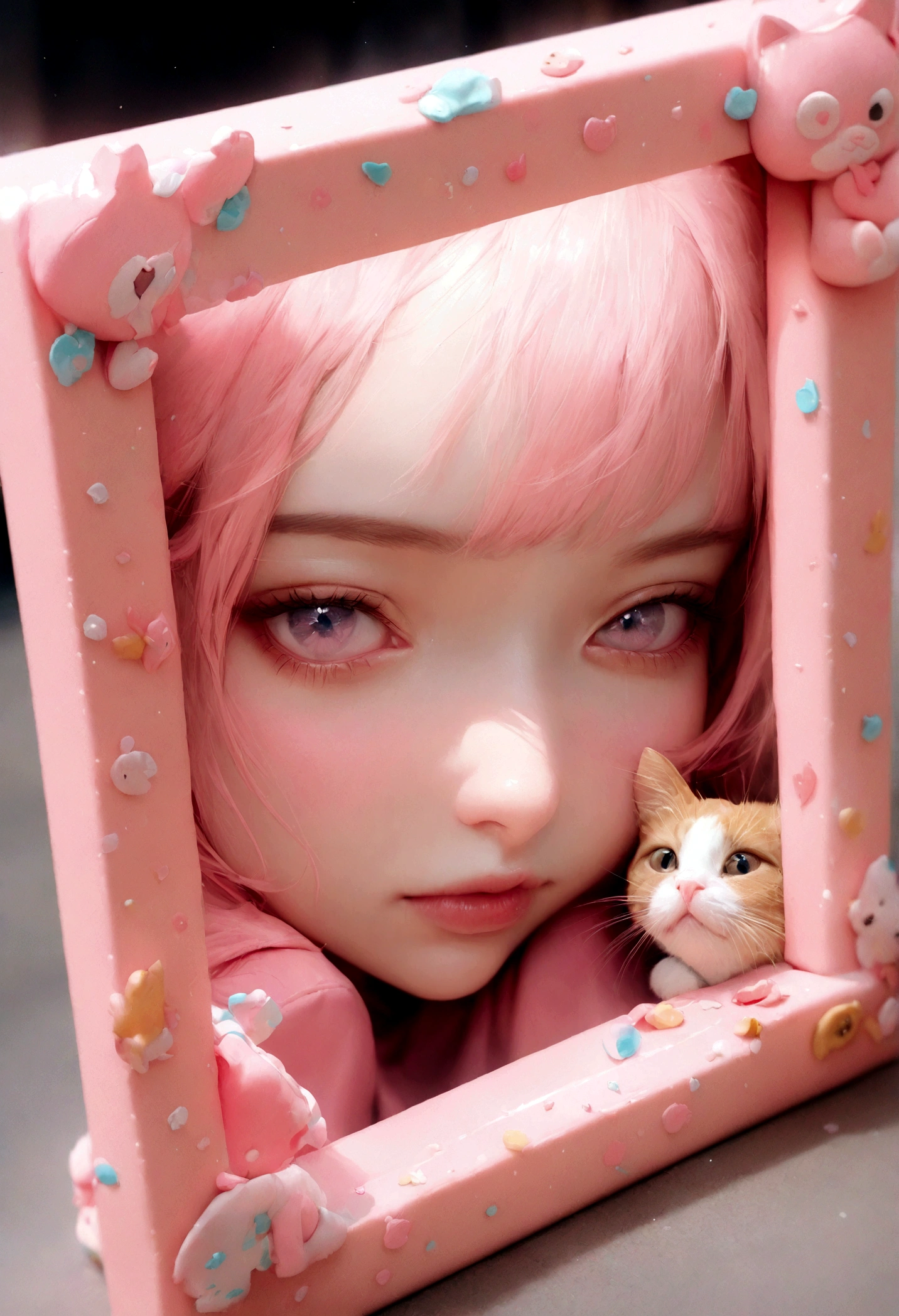 Face close-up, highest quality, masterpiece, RAW Photos, Realistic, Cute cat, Sparkling pastel pop photo frame