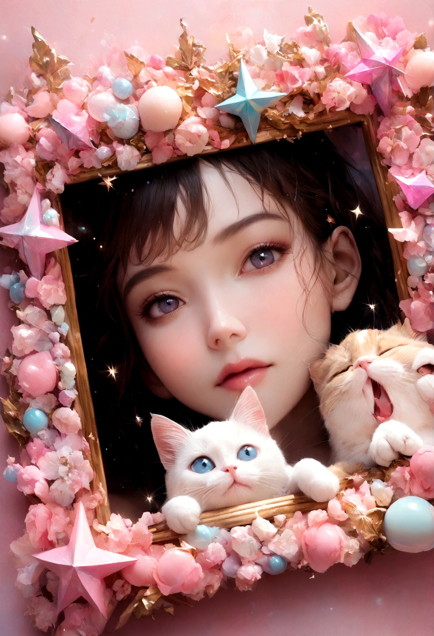 Face close-up, highest quality, masterpiece, RAW Photos, Realistic, Cute cat, Sparkling pastel pop photo frame