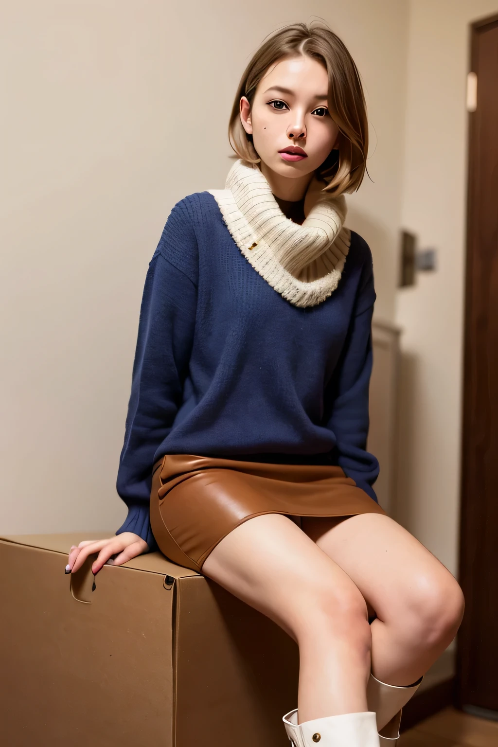 girl 1 , 20 year old appearance, Clear Skin, blue eyes, short, straight, shoulder-length blonde hair, orange scarf with white details, yellow sweater leaving the shoulders sample, green skirt with white stripes, short half skirt, brown leather boots that go up to the knee, white pearl bracelet, sitting on a box in an isolated room, In the room there is a lamp on the floor