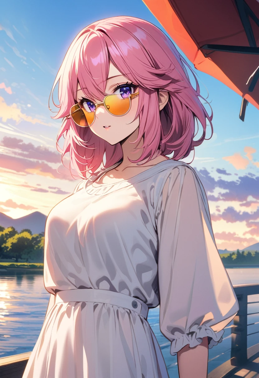yae miko wearing yellow sunglasses, Pink Hair, Purple Eyes, Fashion tops, There is a river in the background, Blue sky, Light afternoon sunset