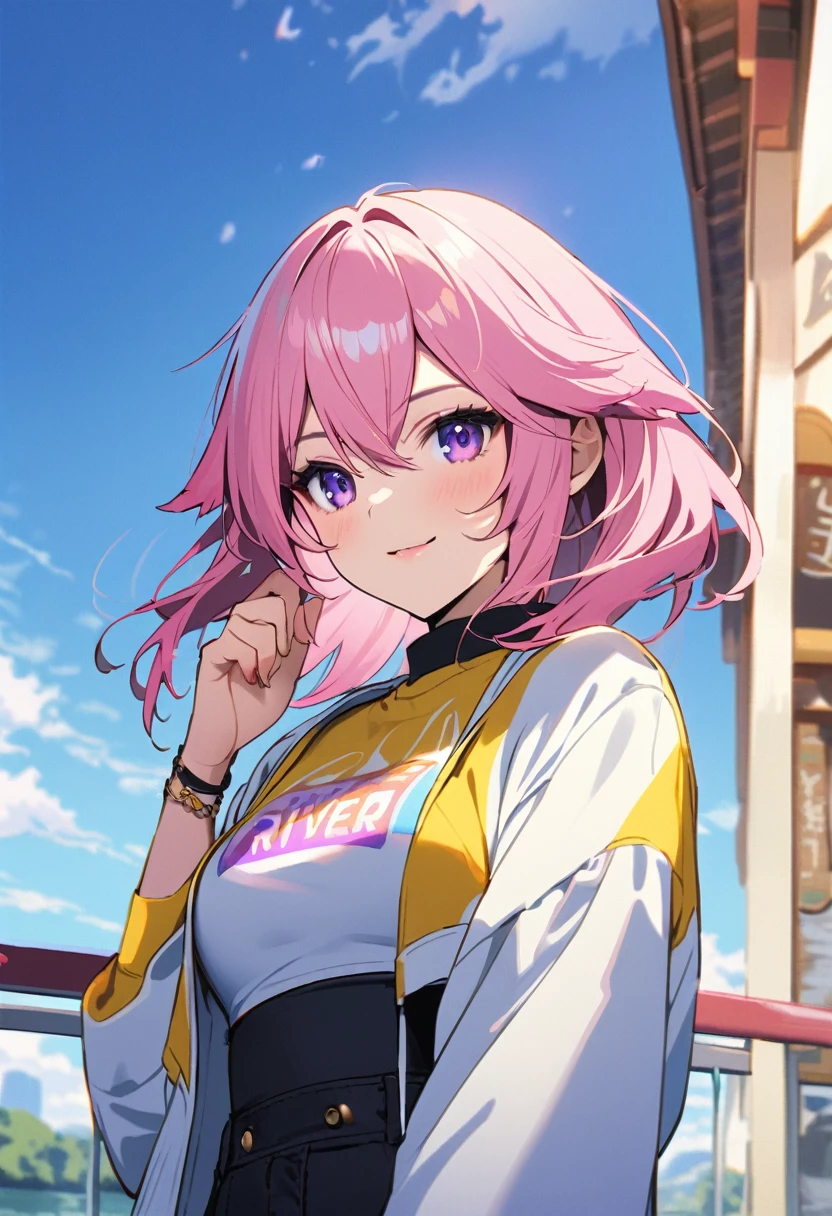yae miko wearing yellow sunglasses, Pink Hair, Purple Eyes, Fashion tops, There is a river in the background, Blue sky, Light afternoon sunset