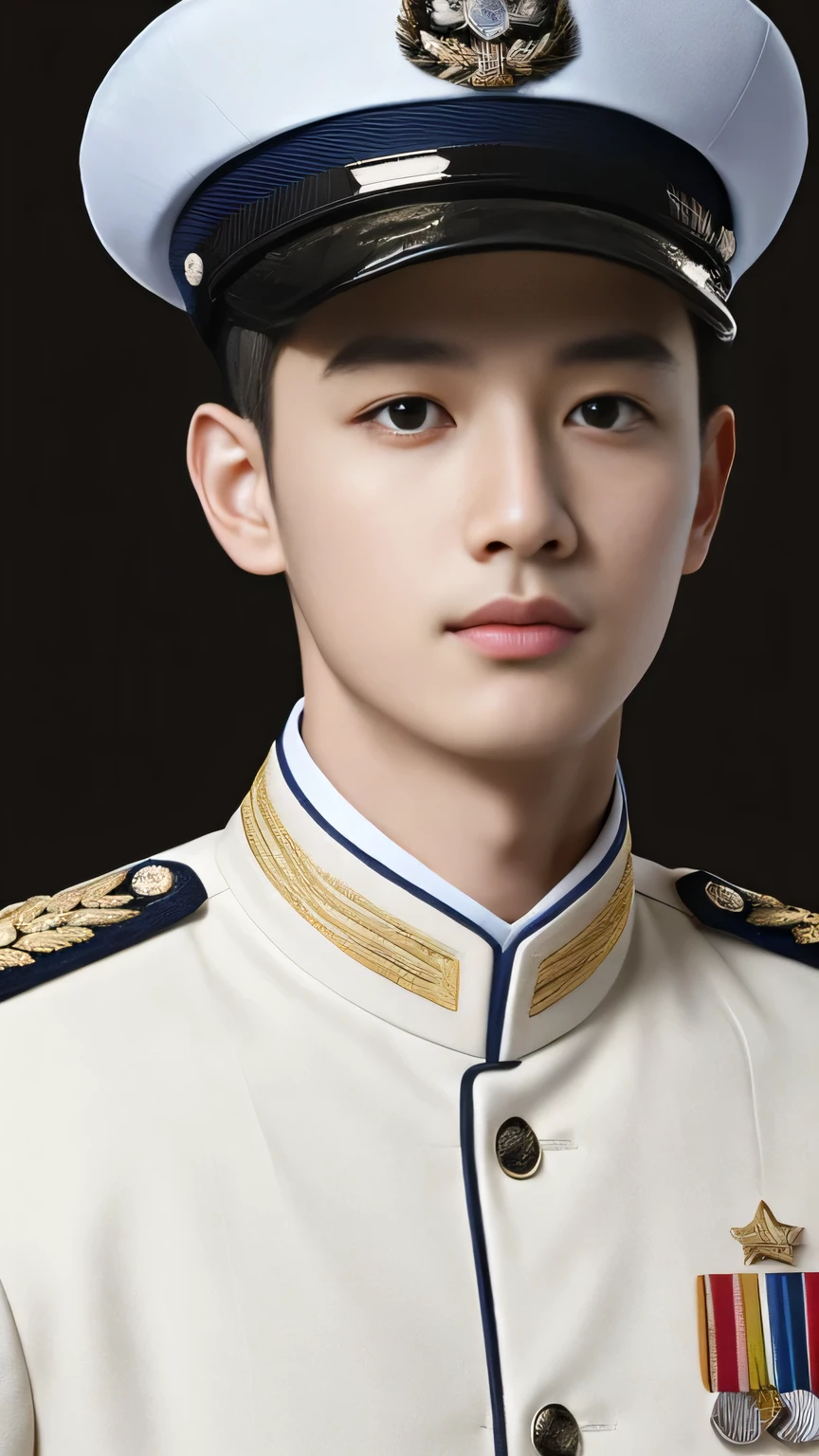 4k, (masterpiece), best quality, 2d, arafed man in a posing for a picture, Wearing Uniform,, Embroidered uniform guard, Wearing military uniform, yanjun chengt, Dressed in full military white, officer, Unified background, Wearing a general\of,Close-up photos,White,