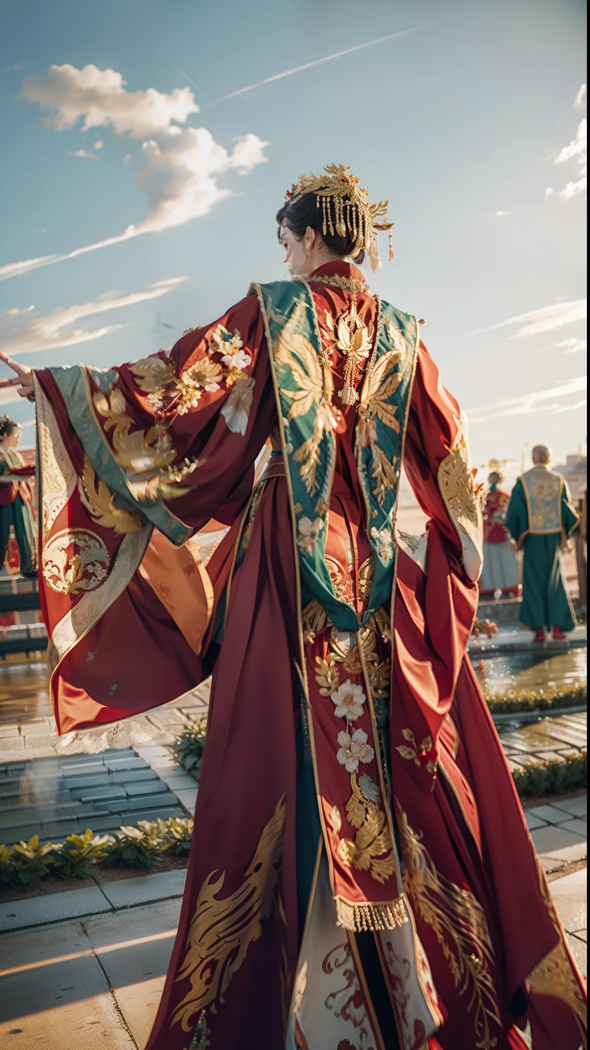 palace，The princess got married，The red robe is embroidered with a golden phoenix，Hanfu bride，Golden Phoenix Crown，（Pearl Cloud Shoulder），Pearl tassels，Red and green hanfu，stately，A beautiful girl，Beautiful facial features，，，，，，She wears a phoenix crown on her head，Wearing a red Chinese costume，HD，More detailed information，Cinematic quality