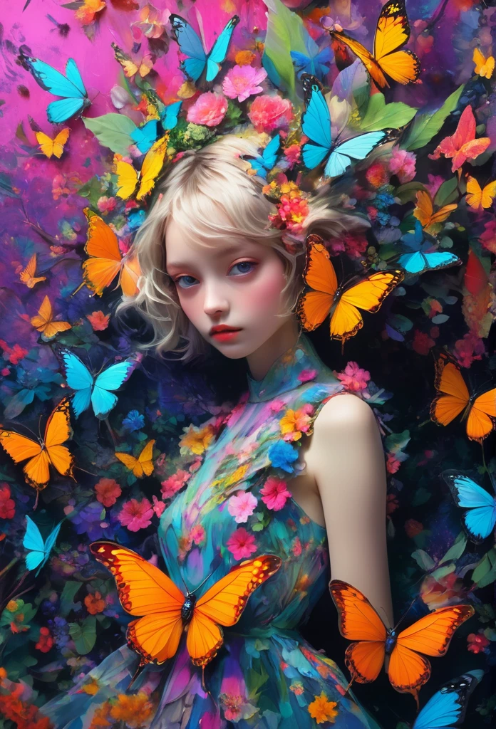 4k, highly detailed, Strange World, Vivid and Bold Colors, Pop Art, Unique, Deformed, Unbalanced, (Artistic Style:1.3), Cel Animation, Live Action Footage, Collage, Reality and Fiction, Surreal, Strange, 1girl, solo, short hair, hair ornament, dress, flower, wings, hair flower, fairy wings, fairy, butterfly wings, fairy focus