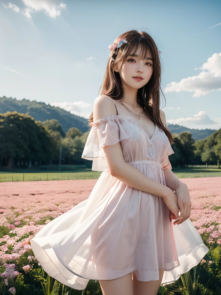 (Ultra-realistic), (Best illustrations), (Increase the resolution), (8k), (masterpiece), (wallpaper), alone, 1 girl, Looking at the audience, Brown long hair、See-through bangs、Pure Erotic Face Ace_v1, Smile, Light pink dress, Pasture、Flower Field