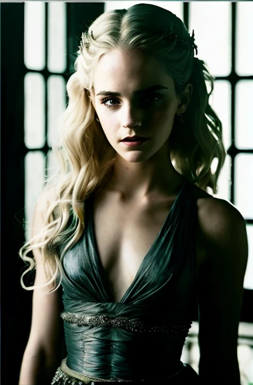 Foto corpo inteiro retrato solo de [Emma Watson] as [daenerys targaryen] like a real life version (daenerys targaryen), Cabelo loiro Targaryen, com (vestido sexy), (decote sexy mostrando parte dos seios), sorriso charmoso, by Hubert Robert and Alex Timmermans ultra realistic photography highly detailed intricate photorealistic style sharp focus on eyes, cinematic lighting, natural front lighting 