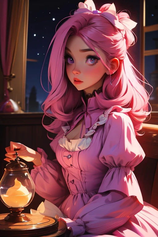 A pink haired woman with violet eyes with an hourglass figure in a cute ta dress is playing video games at night