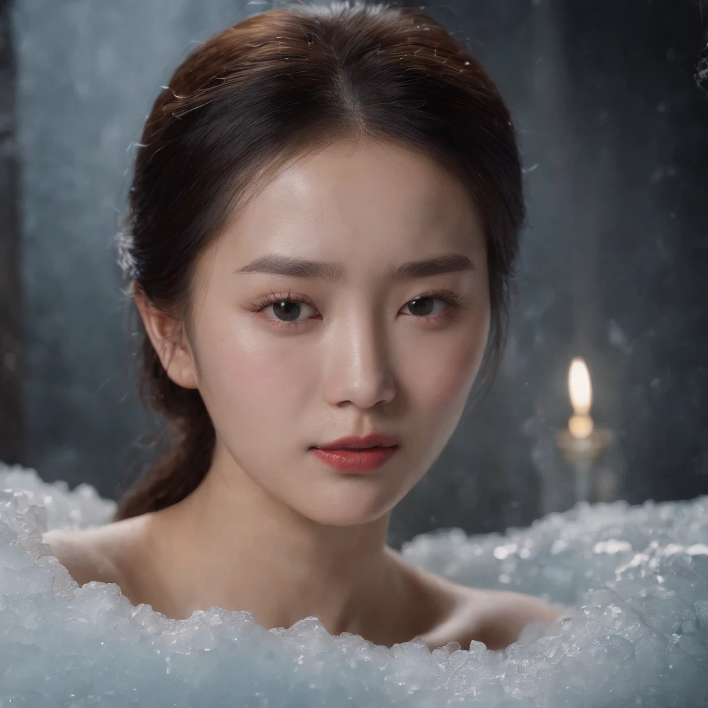 1 beautiful young chinese woman in Manchukuo, 1941, frozen in thick rigid ice in a laboratory chamber, lying down shivering in fear, tears in her eyes, mouth opened, encased in ice, Unit 731 Harbin, Manchuria, China, (best quality,4k,8k,highres,masterpiece:1.2),ultra-detailed,(realistic,photorealistic,photo-realistic:1.37),HDR,UHD,studio lighting,ultra-fine painting,sharp focus,physically-based rendering,extreme detail description,professional,vivid colors,bokeh,horror,photography