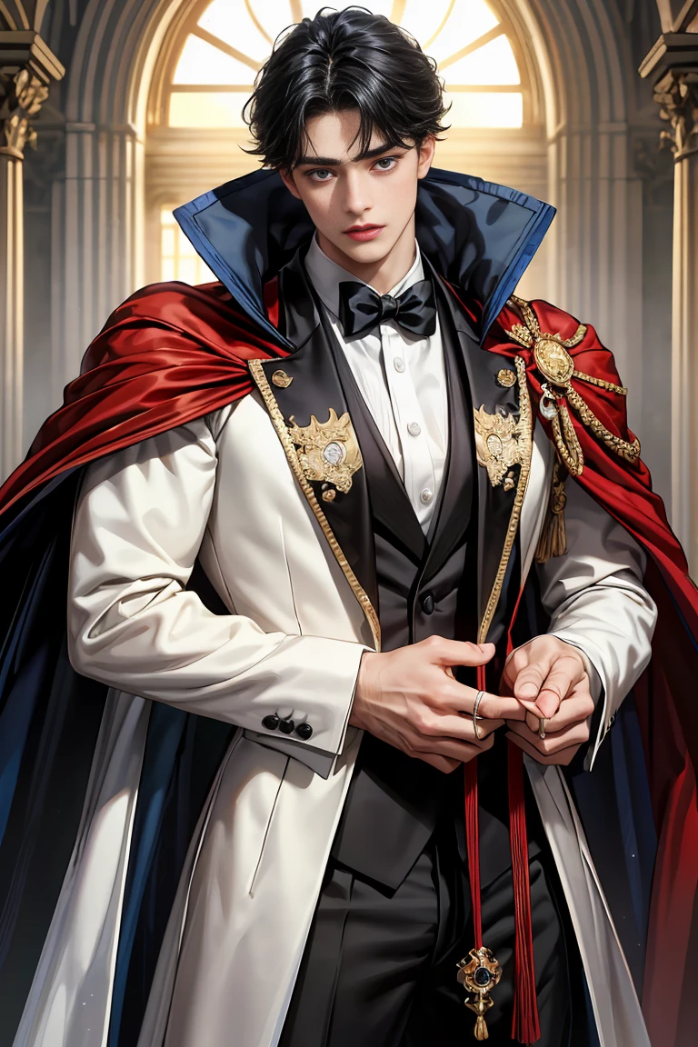 masterpiece, 最high quality, high quality, 1 boy, alone, Male focus, Watching the audience, Messy black hair, Adorable big blue eyes, White, Noble, Noble,Sexy voluminous cape、Tuxedo、A very voluminous, large, very large, very large, long, long red and black cape with a high stand-up collar, reaching down to the floor, made of a lot of fabric., ,Cute beautiful boys,Cute, cute, kind, handsome guy