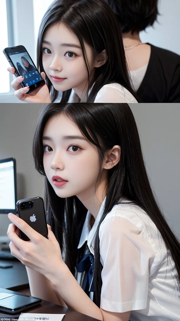 (high quality), (NSFW:1.2), Split screen vertically, 1 girl and 1 man are dating online by exchanging own photos and messages using a smartphone chatting app, 18 years old, korean, long distance relationship, The text is written in English., they weared korean high school uniforms, whole body, Focus your eyes on your phone screen and be happy, Upload your photos to an online community using a smartphone app, Men are crazy about her posts online, just like cartoon cuts., They're sending her messages asking to chat, You are amused by their reactions, light dyed hair, hair swept to one side, agers dressed poorly, light makeup, slim figure, (girl weared thin and natural pantyhose : 1.9), (girl weared slim high_school uniform_pencil skirt and blouse : 1.6),(a man weared high school uniform_shirts and pants:1.5), (they weared school uniform_blazer and tie),