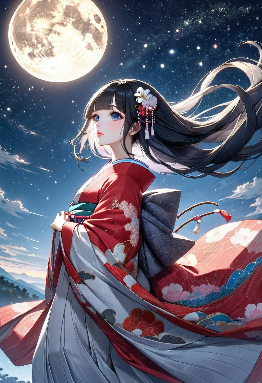 a beautiful girl in a moonlit night, princess Kaguya(moon princess), detailed facial features, black straight hair, long sideburns, blunt bangs, long flowing hair, graceful posture, elegant twelve-layered kimono(twelve-layered haori worn by noblewomen during the Heian Era), floating in the air, moon in the background, starry night sky, cinematic lighting, vibrant colors, fantasy, ukiyo-e style, ultra-detailed, 16k, highest quality, masterpiece, ultra-realistic, photorealistic:1.5, beautiful delicate(hair, face, eyes, eyelash, lips,), 