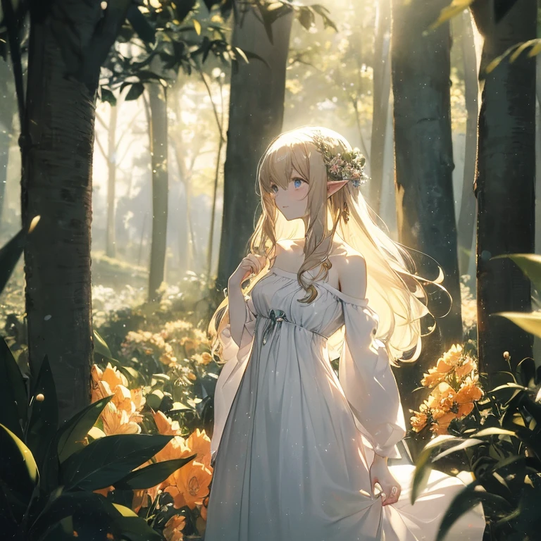 (8k), (masterpiece), (best quality), (super details), (award winning), (game illustration), (shy face), lens flare, glowing light, woman in a noble dress standing in the woods with flower, modeling shoot, beautiful girl, elf girl, (beautiful face:0.8), slender blonde girl, pale skin curly blond hair, (off shoulder), (small breast)