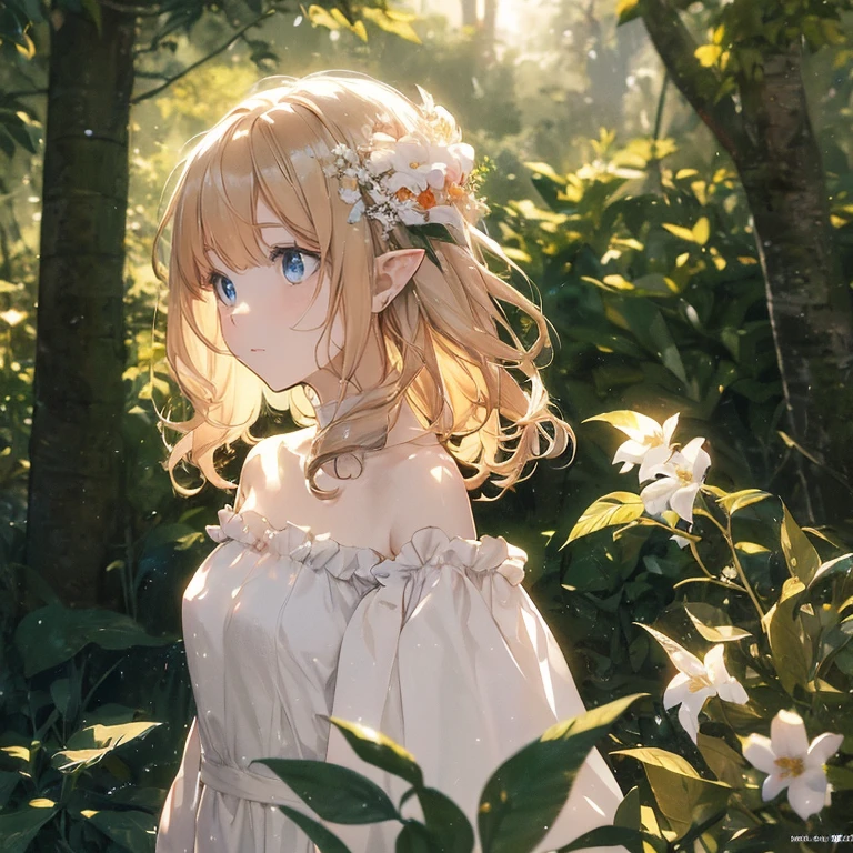 (8k), (masterpiece), (best quality), (super details), (award winning), (game illustration), (shy face), lens flare, glowing light, woman in a noble dress standing in the woods with flower, modeling shoot, beautiful girl, elf girl, (beautiful face:0.8), slender blonde girl, pale skin curly blond hair, (off shoulder), (small breast)