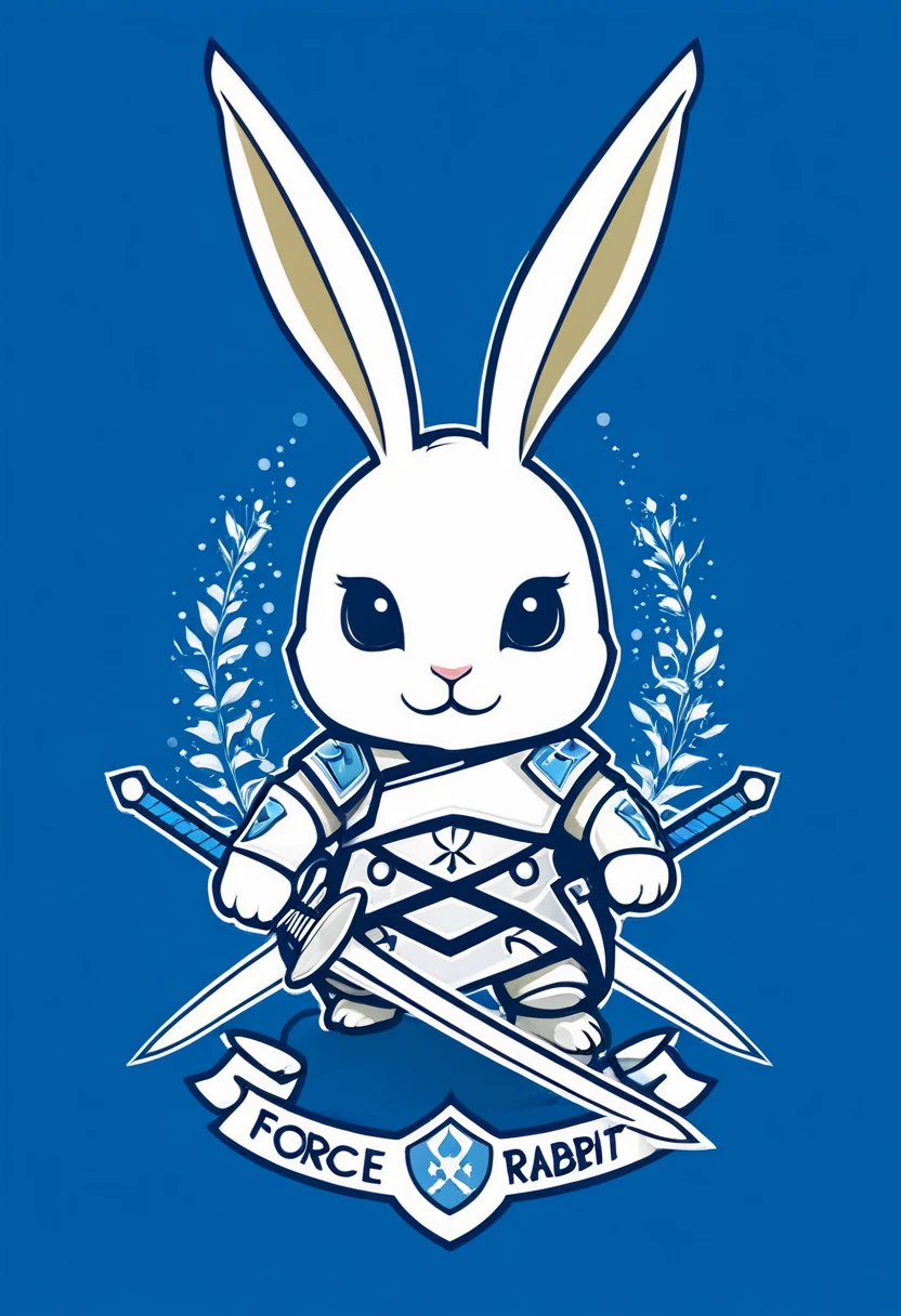 「force『Blue Rabbit』のforce章を作成してください。force章には以下の要素が含まれることを希望します:
- Based on a rabbit - Cute deformed design:1.6 - Incorporate some elements of crossed swords and shields - Simple design - Blue and white tones in the background to symbolize fighting determination and unity」