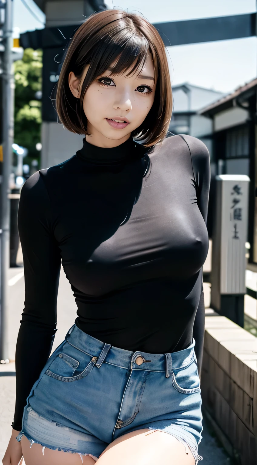 (Highly realistic photos, High resolution, Detailed face, Fine Eyes) Skinny Japanese woman, 28 years old, 1 girl, (1 Ultimate beauty), highly Detailed face, (Perfect Teeth), Detailed eyes, double eyelid, eyelash, Grin, Lip details, Brunette Bob,  Thin body type, Very small breasts, Very small waist, Casual clothing, on the road, Full body photo,freckles