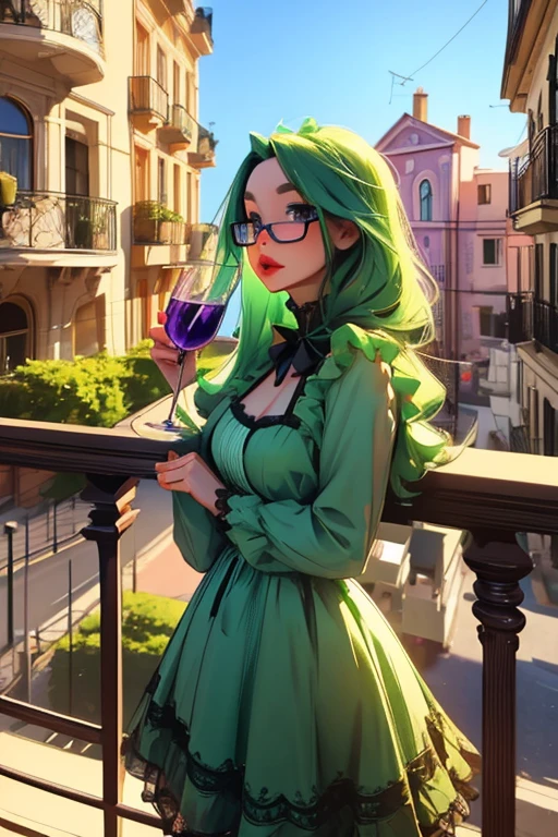 A green haired woman with violet eyes and glasses with an hourglass figure in a cute ta dress is drinking on a balcony