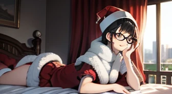 19 years younger,girl, Black Hair,shoulder-length,black eyes,big black-rimmed glasses, Cheerful expression,energetic, saturation , White over the knee boots, White high heel boots,Red fur hat, tight skirt, Lying in bed, Nordic Room, Large Windows, Snow on distant buildings, winter, Depth of Field