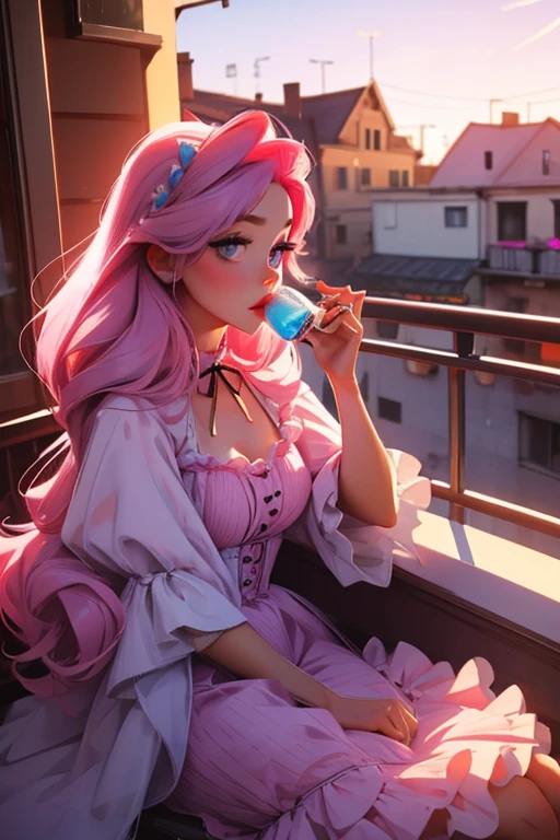 A pink haired woman with violet eyes with an hourglass figure in a cute lolita dress is drinking on a balcony