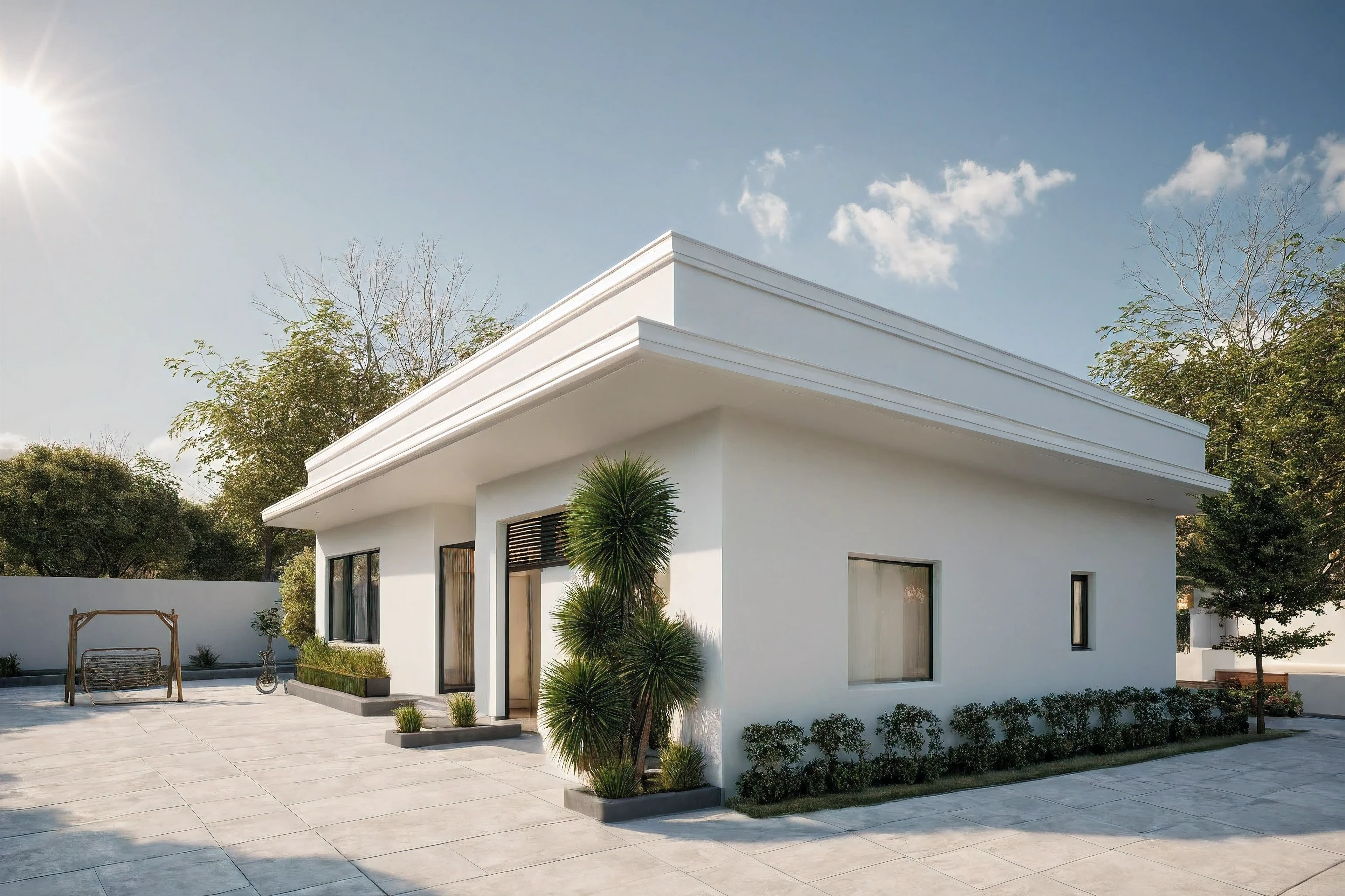 modern villa, modern style, exterior design, perspective view, white wall, (block sidewalks and asphalt roads), (next door neighbor's house), (sun light sky background), Low trees around the house, overall peaceful atmosphere cinematic photo, (Neutral lighting is suitable for the modern villa, light color thermometer sun light 5500 KEVIN), (architectural design visualization), (reflection), (focus on object), (material normal bump real reflection), (scattered light), (light ray), (multi-beam light), (sunbeam) (multi-level reflection), (chao vantge software visualization render),(((Best Quality))), ((Masterpiece)), ((best illustration)), ((best shadows)), ((Super Detail)), (Intricate lines), (Photorealism),(hyper detail), ((archdaily)), ((award winning design)), (dynamic light), ((day)), (perfect light), (shimering light), ((photorealistic)), ((intricate detail)), ((extreme detail)), ((science)), ((hyper-detail)), ((super detail)), ((super reality)), ((crazy detail)), ((octane render)), ((Cinematic)), ((trending on artstation)), ((High-fidelity)), ((Viwvid)), ((Crisp)), ((Bright)), ((Stunning)), ((Eye-catching)), ((High-quality)),((Sharp))((Bright)), ((Stunning)), Natural, ((Eye-catching)), ((Illuminating)), ((Flawless)), ((High-quality)),((Sharp edge render)), ((medium soft lighting)), ((photographic render)), ((detailed archviz)), Sunlight shines into the house, reality environment, spring setting, tropical style space, Aluminum gates, balcony doors, modern townhouse design windows