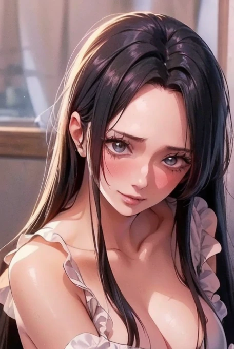 best quality, masterpiece, highly detailed,1girl, Boa Hancock, , (masterpiece:1.5), Detailed Photo, Smiling, Sexy, (8K, Best Quality: 1.4), (1girl), Beautiful Face, (anime realistic Face), (Black Hair, long Hair: 1.3), Beautiful Hairstyle, Realistic eyes, beautiful detail eyes, (white skin), beautiful skin, absurd, attractive, ultra high resolution, ultra realistic, high definition, golden ratio, (sexually aroused:1.5), Pinkish white skin, cool white light, sexy pose, Beautiful , white background, pink soft white light, Wear a black bodycon dress, (messy hair:1.5), (masturbate:1.5)