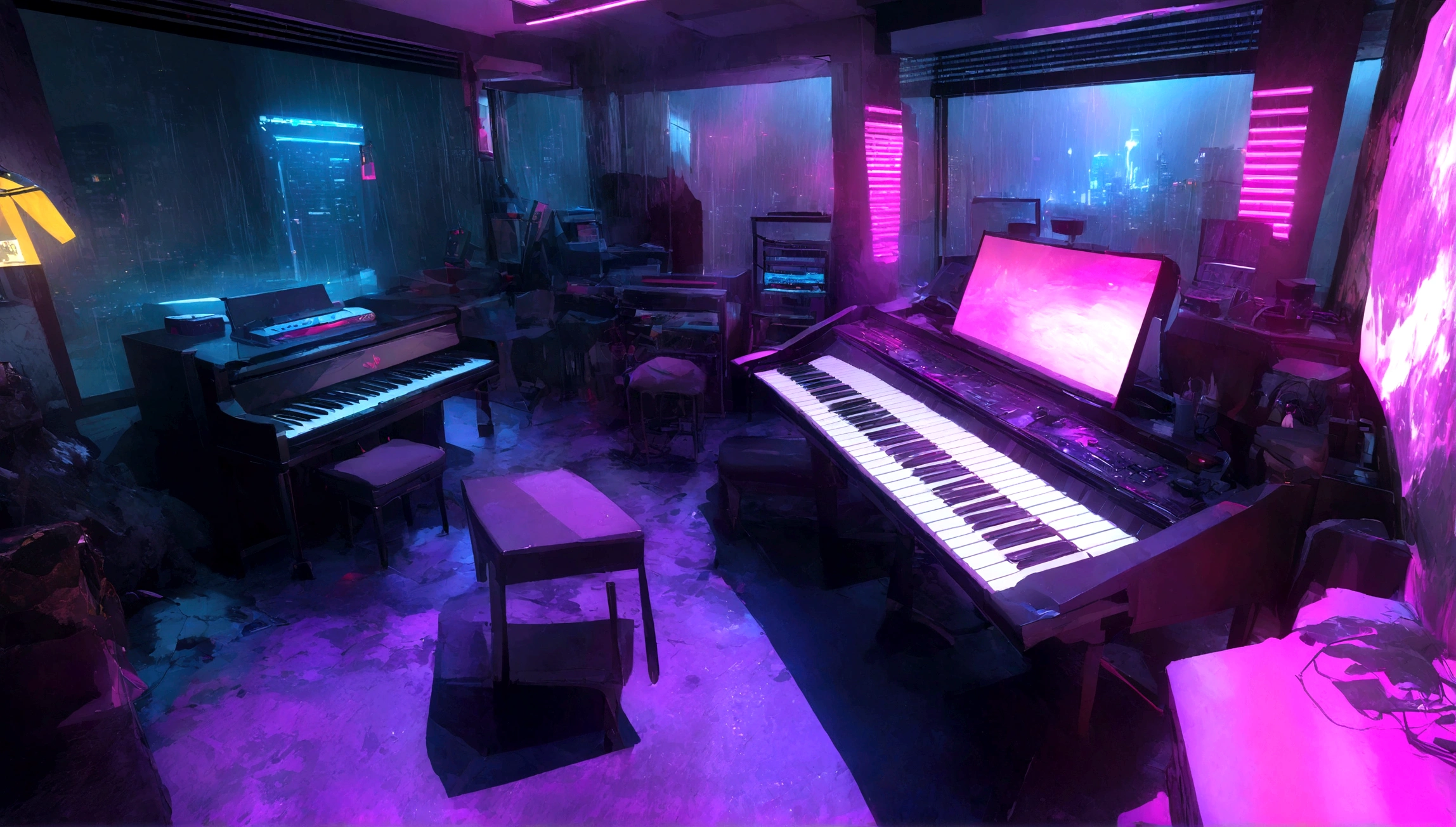 There is a music studio room with a desk, night, , keyboard, earphone, piano, Guitar,Small lights, background, sofa,, rain, Night Sky, Night City, Unmanned shutters, Concept Art, 3d rendering, 室内background艺术, synthwave art style, Flat synthetic wave art style, synthwave art, Synthetic wave digital art, rock style setting, 合成波background, rock style interior, high resolution, Super sharp, 8K, masterpiece