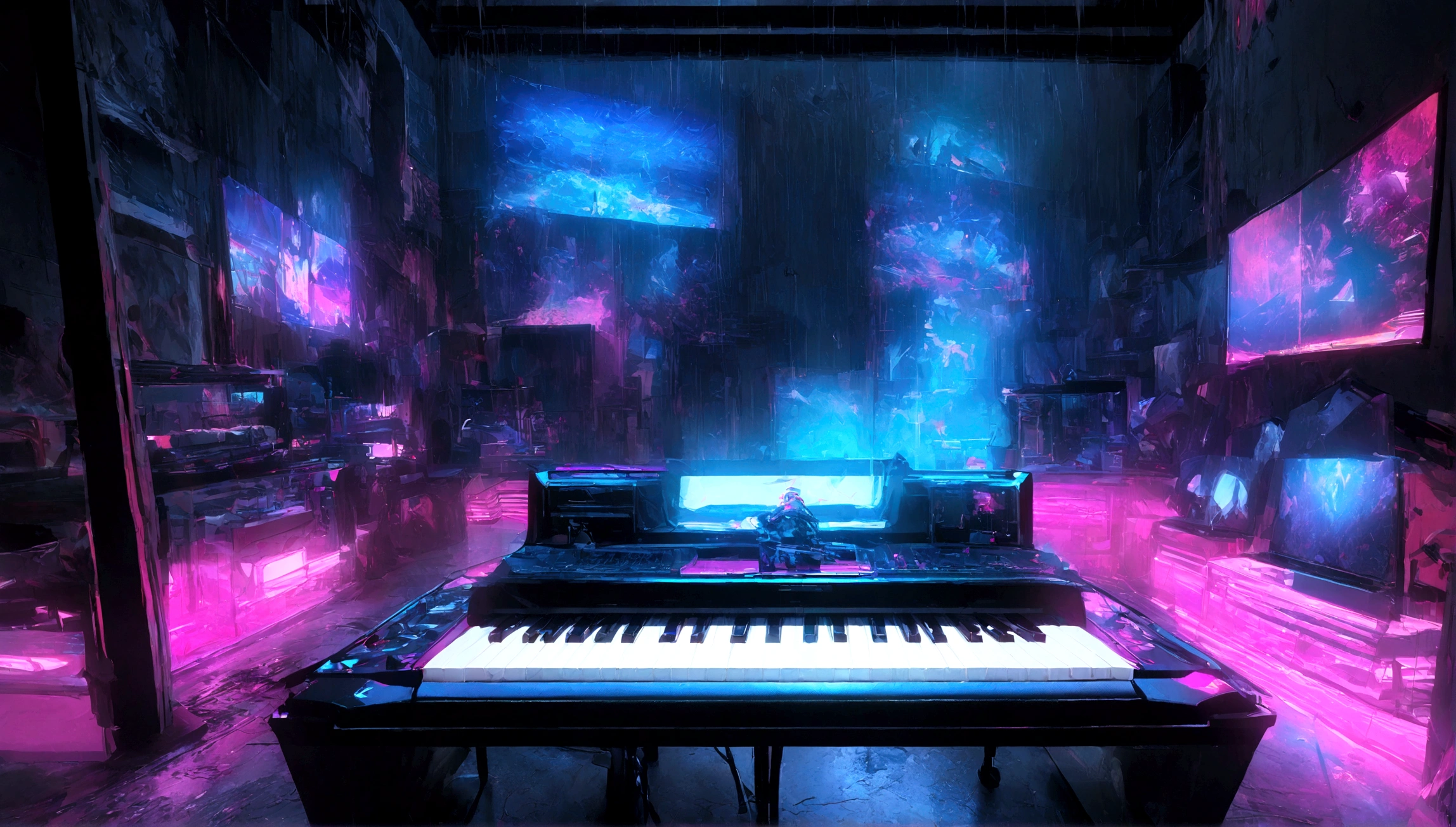 There is a music studio room with a desk, night, , keyboard, earphone, piano, Guitar，Small lights, background, sofa,, rain, Night Sky, Night City, Unmanned shutters, Concept Art, 3d rendering, 室内background艺术, synthwave art style, Flat synthetic wave art style, synthwave art, Synthetic wave digital art, rock style setting, 合成波background, rock style interior, high resolution, Super sharp, 8K, masterpiece  