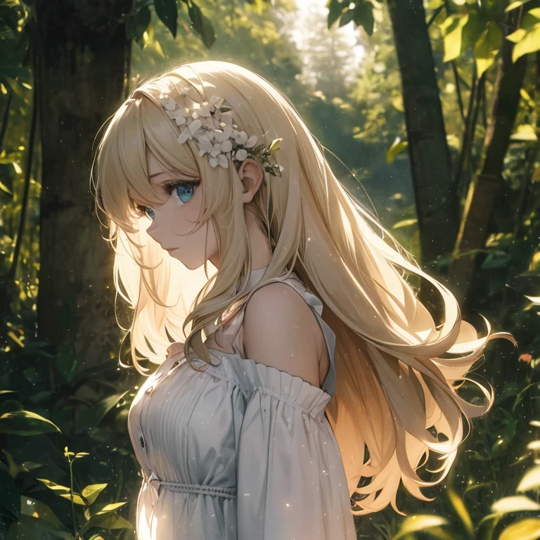 (8k), (masterpiece), (best quality), (super details), (award winning), (game illustration), (curious face), lens flare, glowing light, woman in a noble green dress standing in the woods with flower, modeling shoot, beautiful girl, elf girl, (beautiful face:0.8), slender blonde girl, pale skin curly blond hair, (off shoulder), (small breast)