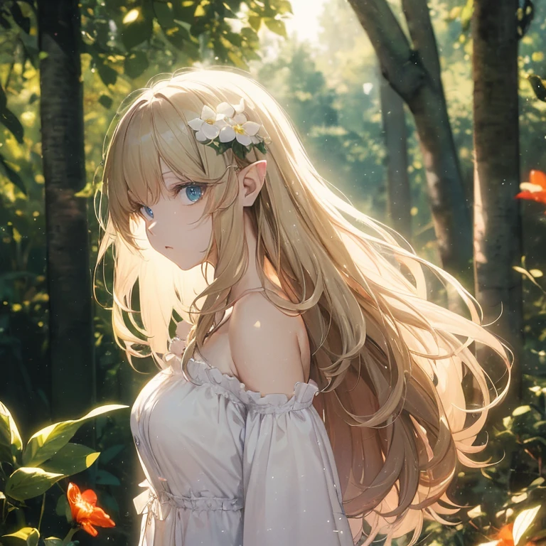 (8k), (masterpiece), (best quality), (super details), (award winning), (game illustration), (curious face), lens flare, glowing light, woman in a noble green dress standing in the woods with flower, modeling shoot, beautiful girl, elf girl, (beautiful face:0.8), slender blonde girl, pale skin curly blond hair, (off shoulder), (small breast)