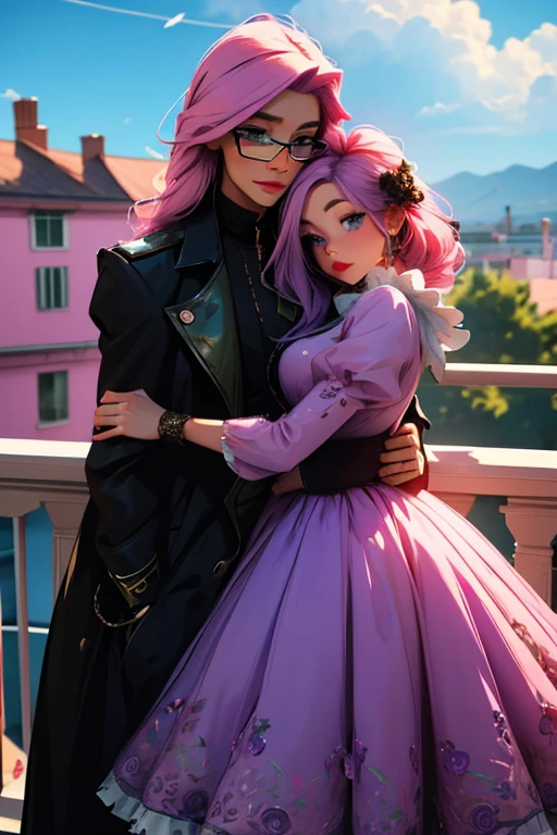 A green haired woman with violet eyes and glasses with an hourglass figure in a cute lolita dress is hugging a pink haired woman with violet eyes with an hourglass figure on a balcony