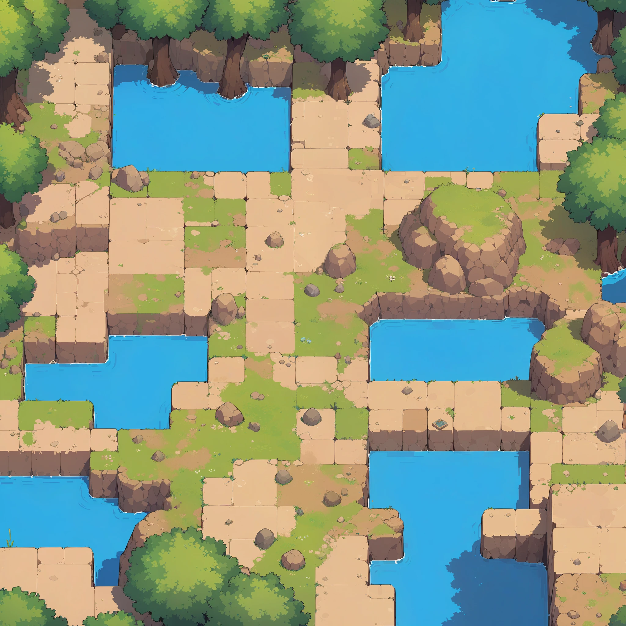 retro video game style,pixelated graphics,vibrant colors,8-bit characters,blocky shapes,sharp lines,detailed shading,classic gaming vibe,nostalgic atmosphere,classic arcade games,masterpiece:1.2,ultra-detailed,illustration style, 2d texture, clay texture, stone texture, 4 k seamless mud texture, video game texture, dirt texture, clay material, flat texture, grass, trees, rock texture, rocky ground, forest, topdown view, game texture, background art, ground very detailed, dirt, floor texture, tileable texture, intricate ground stone, top down view