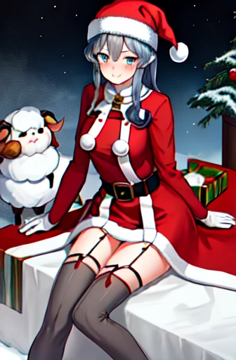 最OK品質, masterpiece, High resolution, Solitary, {Gotland_kantai collection:1.15}, blue_hair, long_hair, mole, mole_exist下面_Eye, blue_Eyes, hair_between_Eyes, Smile, hair_OK, blush, breast, single_hair_OK, 1 Girl, hexist, long_sleeve, Santa Claus_Costumes, Santa Claus_hexist, Gloves, grey_coexist, grey_Gloves, sheep, Watching_exist_Viewer, coexist, High Leg Raise, Red_Headdress