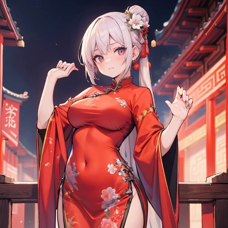 realistic image, coherent image, detailed image, 1 beautiful girl. She has silver hair, long hair. Yellow eyes, long eyelashes. Her face is oval and delicate. Smiling. She wears a red Cheongsam, side slits. She has a curvy body, small breasts and thick thighs. Chinese temple, flower petals falling around. ambient light, volumetric light,