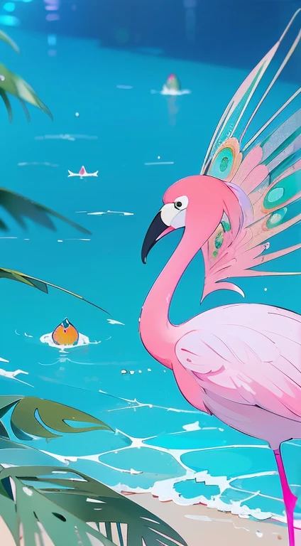 ((mesa, da mais alta qualidade, superdefinição, High definition)), Sozinho, garota linda, olhos brilhantes, olhos perfeitos, 16 anos, Peacock blue wall、Plano de fundo com,  in a pink Flamingo swimsuit、