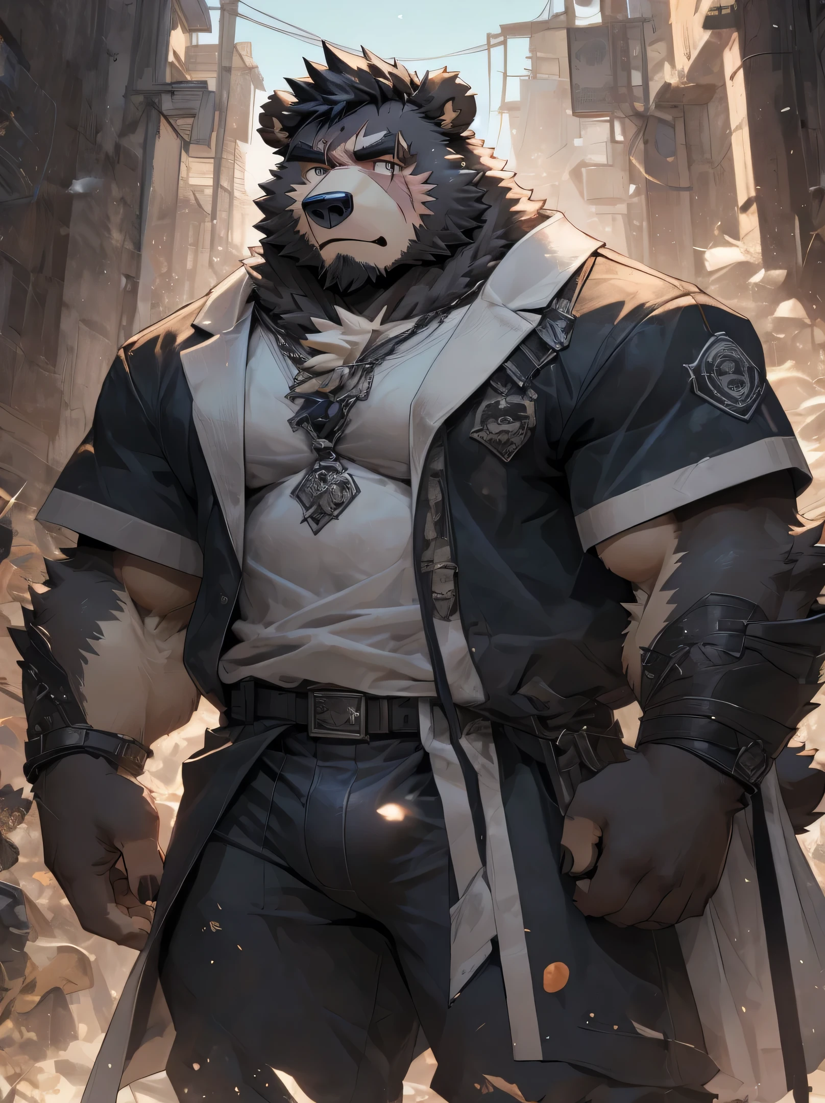 (Super detailed), Sharp focus,hairy, Black and white fur), black beard, Black Hair,human nature (棕Bear:1.3), male, Middle-aged and elderly, Brown body, White belly, Muscular ,(Crotch bulge),Super detailed face,(dishevelled:1.4),(best quality), (masterpiece), High Detail, high quality,High resolution,16K,(Bear:1.3),(scar:1.5),Serious expression,(naked:1.3)