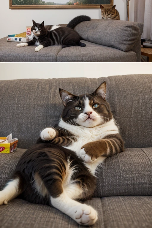 generate a painting,Super realistic style,Cat expressions and actions are anthropomorphic,A cute fat cat sleeping on the sofa,Snacks all around,I'm still eating spicy noodles,The TV is showing the catwalk models。Cat looking at the screen,Eyes showing longing
