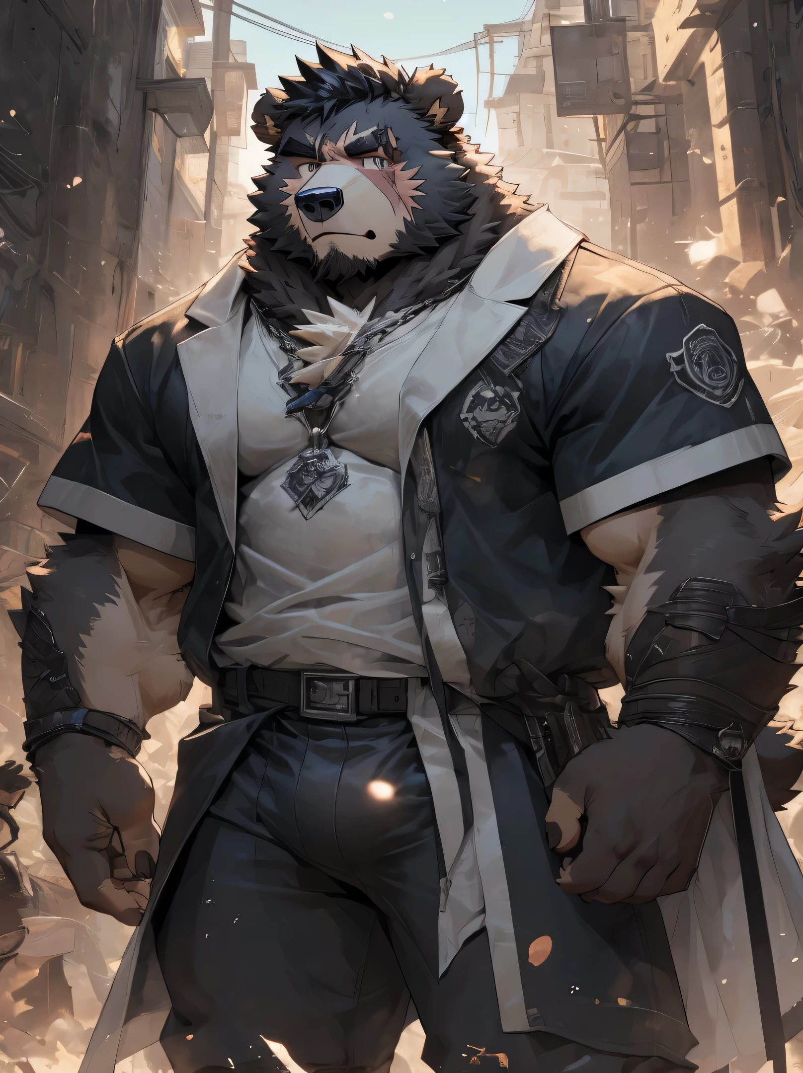 (Super detailed), Sharp focus,hairy, Black and white fur), black beard, Black Hair,human nature (棕Bear:1.3), male, Middle-aged and elderly, Brown body, White belly, Muscular ,(Crotch bulge),Super detailed face,(dishevelled:1.4),(best quality), (masterpiece), High Detail, high quality,High resolution,16K,(Bear:1.3),(scar:1.5),Serious expression,(naked:1.3)