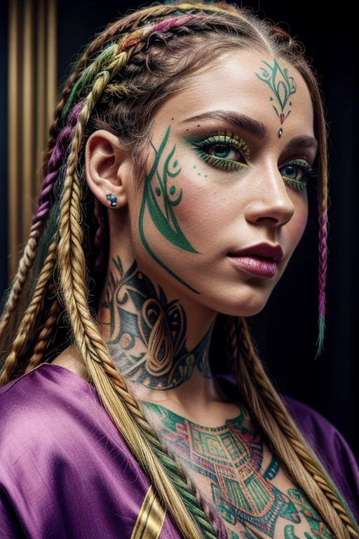 coloured pencil illustration if young pretty woman, long multicoloured braided dreadlocks, face tattoo, lips in kiss, big green eyes, silk multicoloured costume, (masterpiece:1.3), realistic illustration, 1024k
