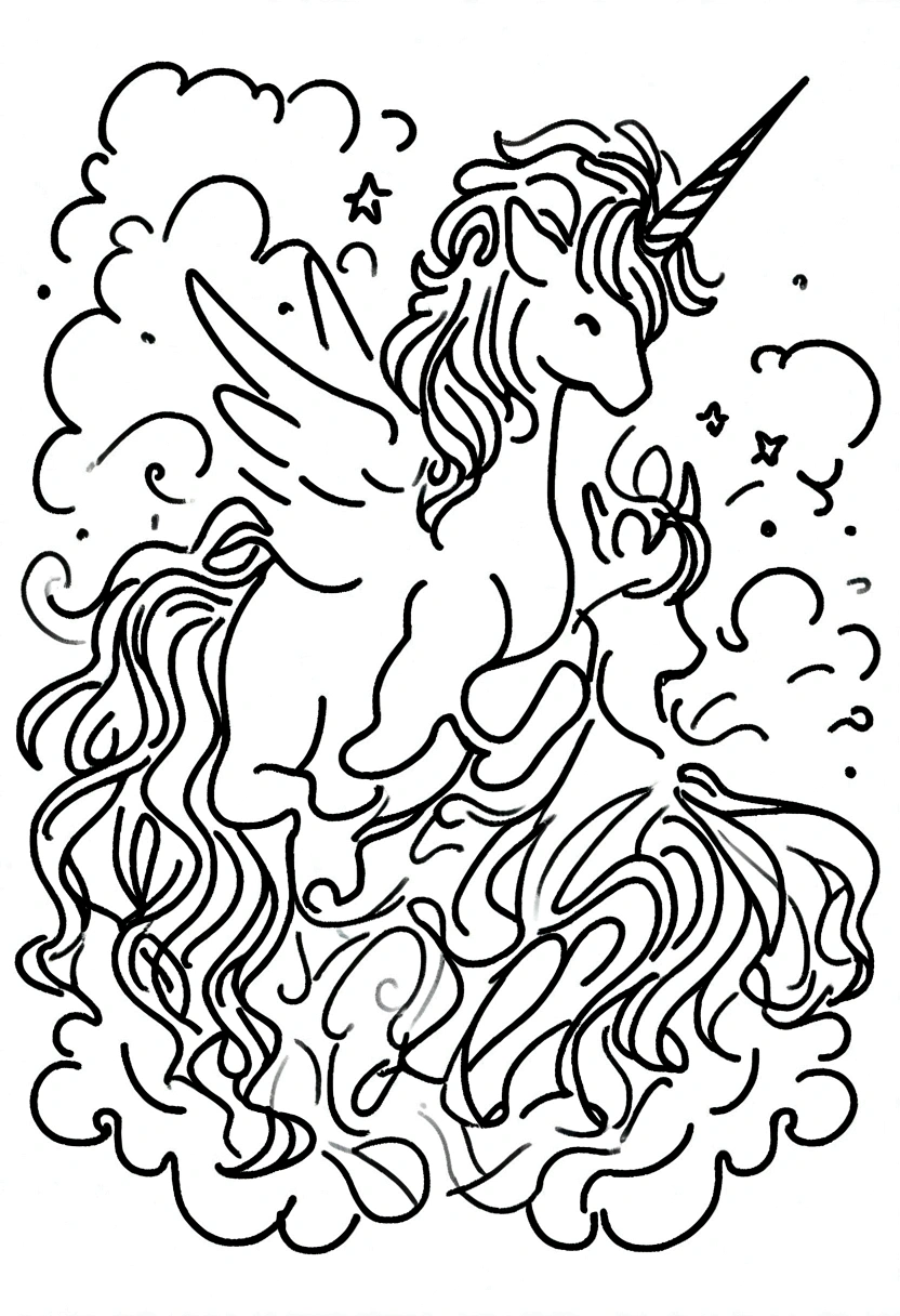 different unicorns surrounded by clouds, coloring page for , line art, no color, white background
